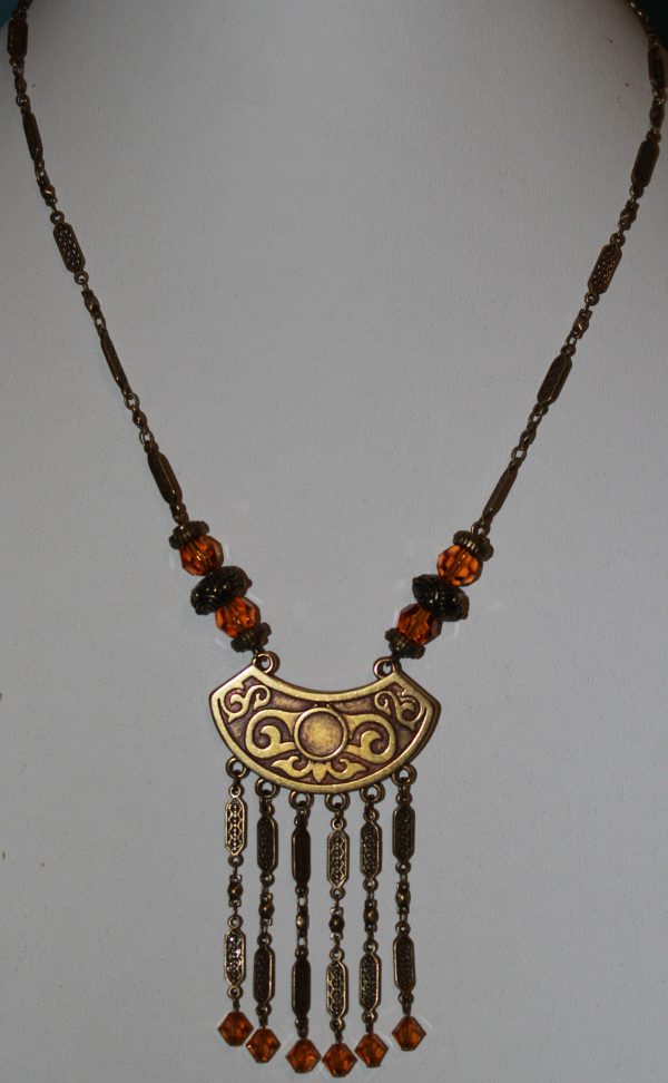 20" Necklace, Antique Brass-plated Hemicycle Pendant  with Topaz Swarovski beads