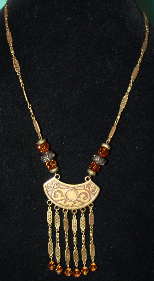 20" Necklace, Antique Brass-plated Hemicycle Pendant  with Topaz Swarovski beads - Image 5