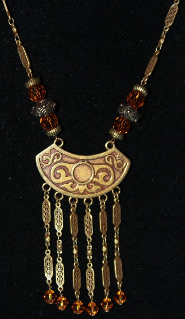 20" Necklace, Antique Brass-plated Hemicycle Pendant  with Topaz Swarovski beads - Image 4