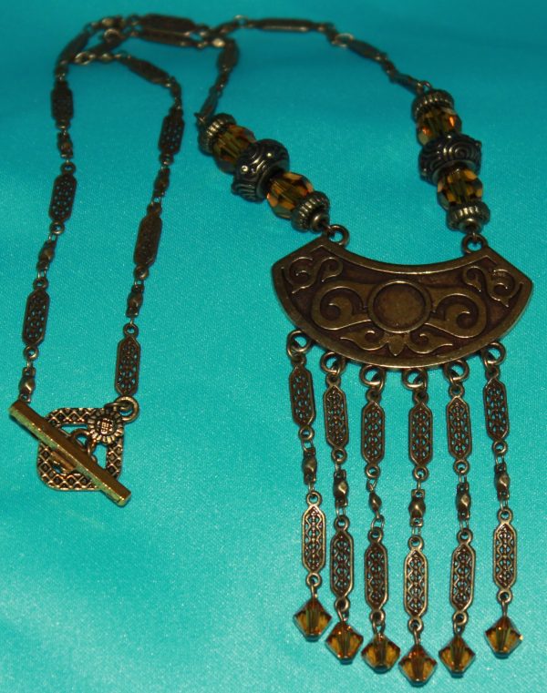20" Necklace, Antique Brass-plated Hemicycle Pendant  with Topaz Swarovski beads - Image 3