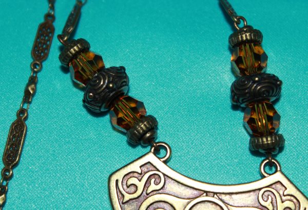 20" Necklace, Antique Brass-plated Hemicycle Pendant  with Topaz Swarovski beads - Image 2